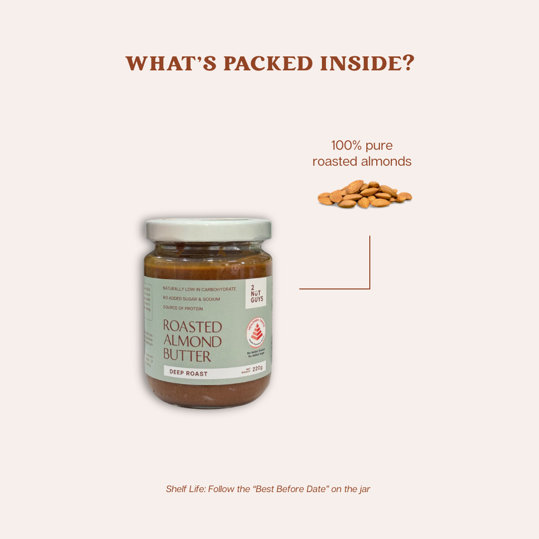 A jar of 2NUTGUYS Roasted Almond Butter - Deep Roast with the text "What's Packed Inside" at the top. It lists 100% pure roasted almonds as the only ingredient of the product.