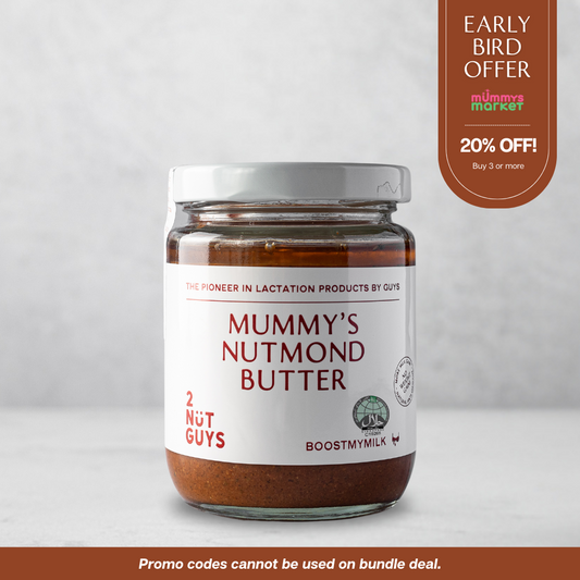 2NUTGUYS Mummy's Nutmond Butter product with a banner showing that item is discounted up to 20% off if buying 3 or more as an Early Bird Offer for MummysMarket