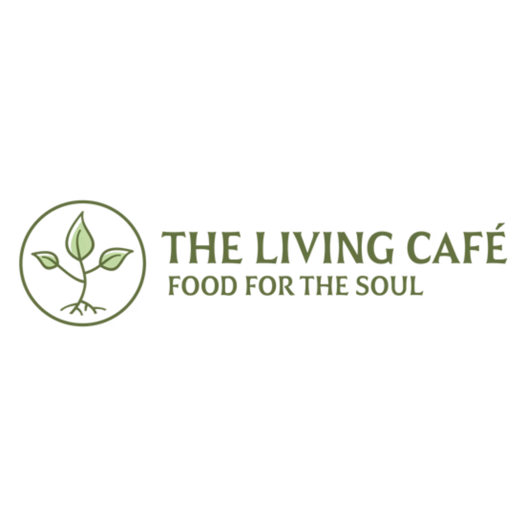 The Living Cafe logo on a transparent logo. Includes their tagline "Food for the Soul"